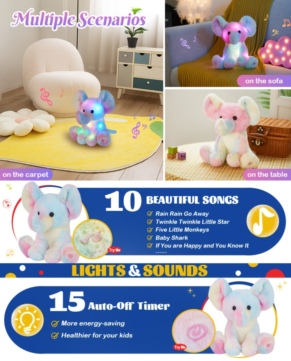 Plush Toy Rainbow Elephant 12-Inch Light-Up Design with Optional Music for Colorful Room Display