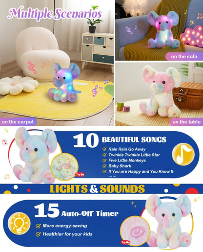 Plush Toy Rainbow Elephant 12-Inch Light-Up Design with Optional Music for Colorful Room Display