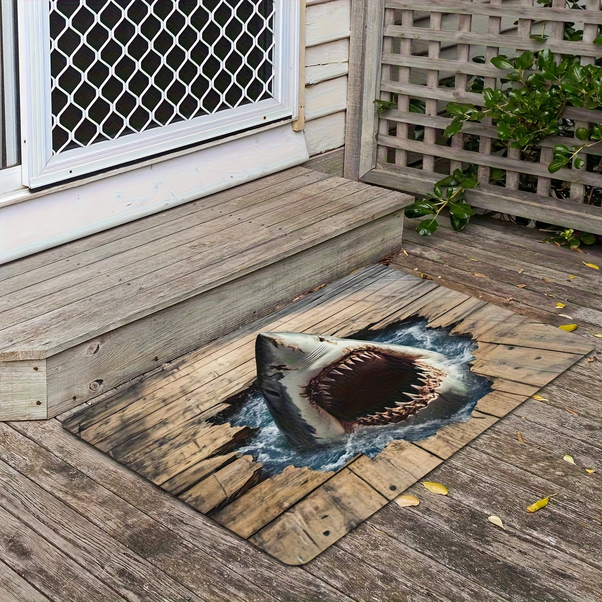 Shark Ocean Print Door Mat with Weathered Wood-Look Background in 40 x 60cm or 50 x 80cm Sizes