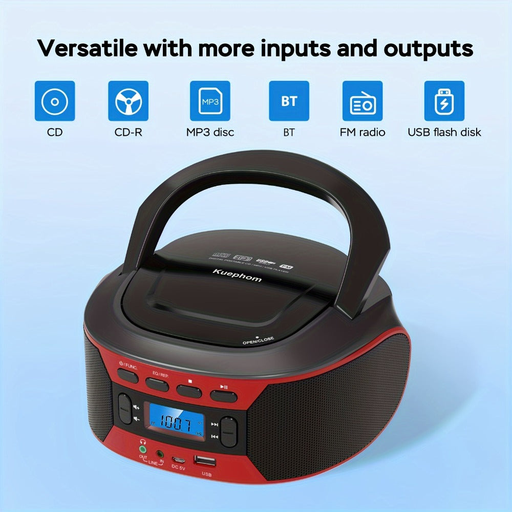 Bluetooth CD Player Boombox with FM Radio, Portable CD Boombox with AUX USB Playback, Earphone Jack