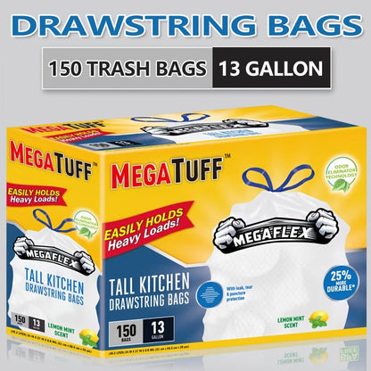Drawstring Trash Bags with Odor Eliminator Technology – Lemon Mint Scent, Puncture & Tear Resistant, 30 Gal (90 Bags) or 13 Gal (154 Bags)