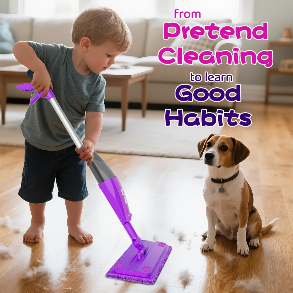 Kids Spray Mop Toy with Water Sprayer, Pretend Play Housekeeping Kit for Floor Cleaning, STEM Educational Toy