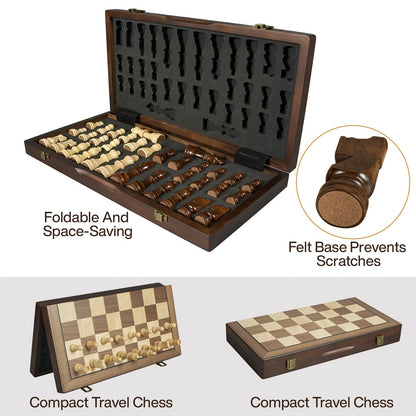Magnetic Wooden Chess Set 15 Inch – Folding Portable Chessboard with Handmade Pieces, Tournament & Travel Chess Game for Adults Kids
