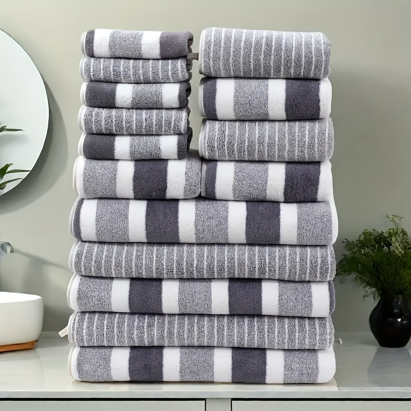 Towel Set 9 or 15 Piece 320GSM Coral Fleece Striped Mix in Five Solid or Mixed Colors for Home and Guest Use