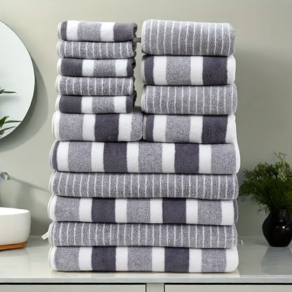Towel Set 9 or 15 Piece 320GSM Coral Fleece Striped Mix in Five Solid or Mixed Colors for Home and Guest Use