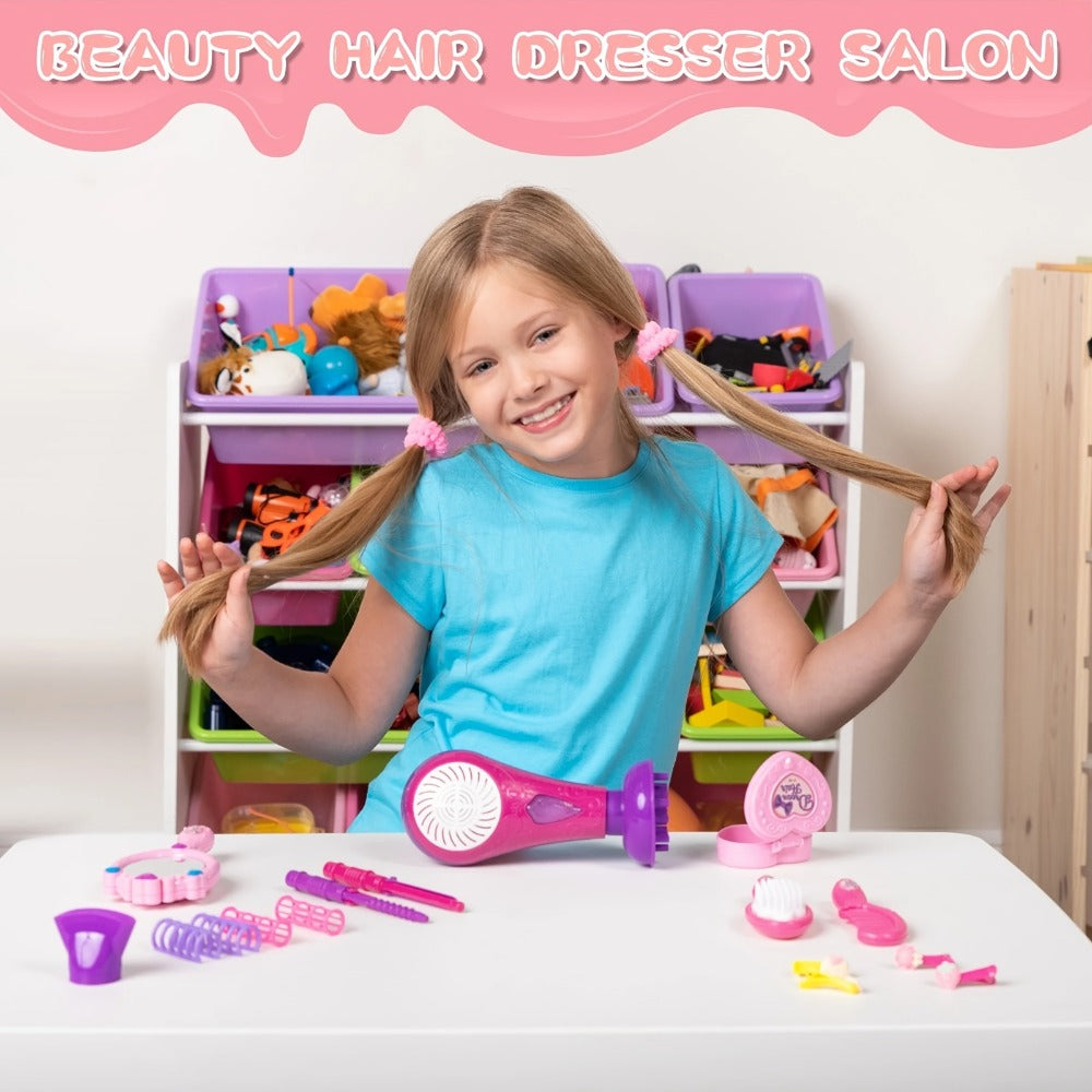 Girls Beauty Salon Toy Set 17 PCS, Pretend Play Hair Stylist Kit with Working Hairdryer Mirror Curling Wands Combs Clips & Jewelry Box