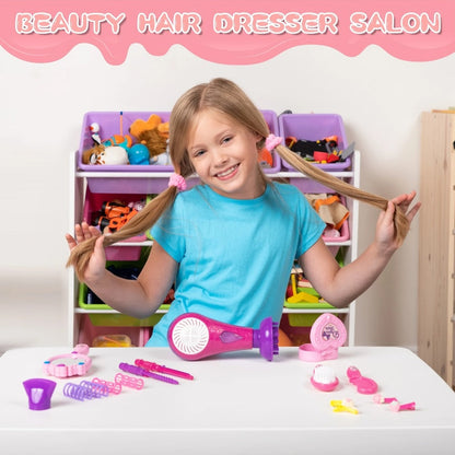 Girls Beauty Salon Toy Set 17 PCS, Pretend Play Hair Stylist Kit with Working Hairdryer Mirror Curling Wands Combs Clips & Jewelry Box