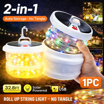 Solar Camping Lantern with Retractable 32.8ft String Lights, Six Modes, USB-C Port and Hand Crank