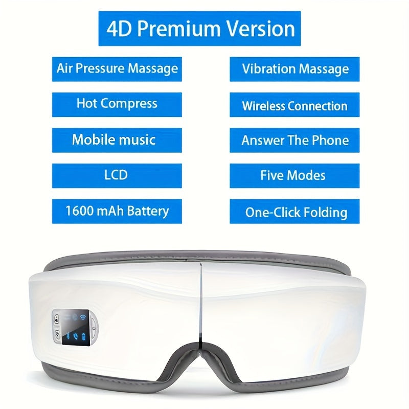 Eye Massager 4D Kneading Vibration Hot Compress Bluetooth Music Massage, Rechargeable Portable Eye Relax Device for Stress