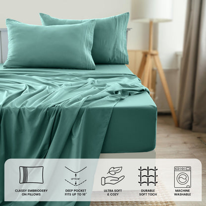 Fitted Sheet Set 6-Piece Brushed Polyester Deep Pocket Bed Sheets 20 Colors Hotel Luxury Bedding with Embroidered Pillowcases