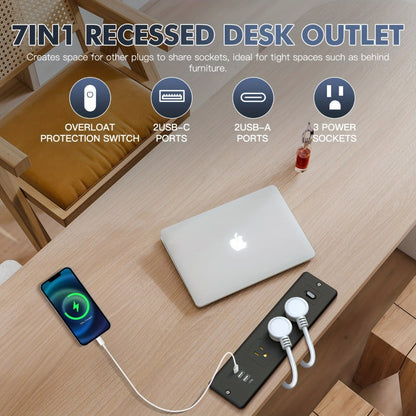 Recessed Power Strip In-Desk Embedded Socket 7-in-1, 3 AC Outlets & 4 USB Ports, Slim Space-Saving Design