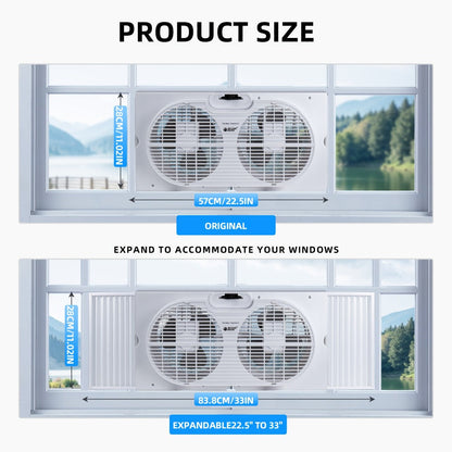 Twin Window Fan 9 Inch Dual Blade, Expandable Width with Thermostat and Remote Control for Home Cooking, Dining and Outdoor Meals