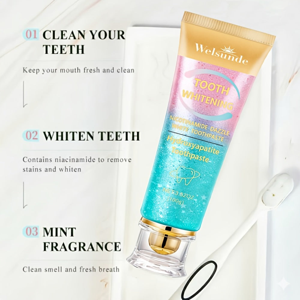 100g Mint Peach Toothpaste Tube with Niacinamide and Hydroxyapatite Highlighted on Box and Label