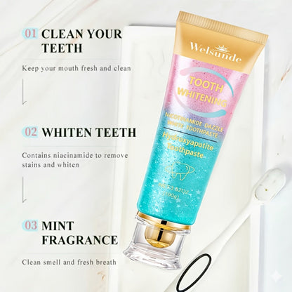 100g Mint Peach Toothpaste Tube with Niacinamide and Hydroxyapatite Highlighted on Box and Label