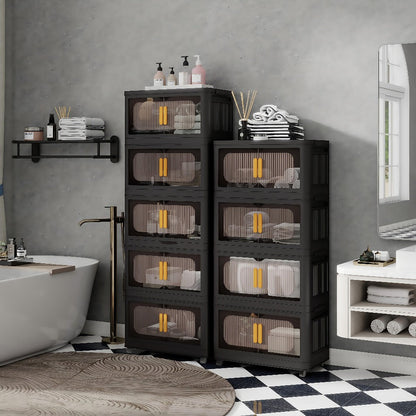 Storage Cart 4 or 5-Tier Enclosed Plastic Organizer with Double Doors, Folding Panels and Lockable Wheels