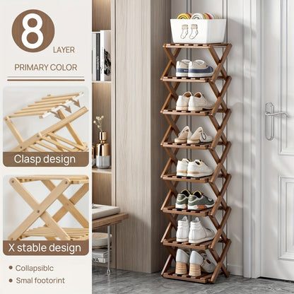 Foldable Bamboo-Labeled Shoe Rack with Six- or Eight-Tier Primary and Brown Checkout Options