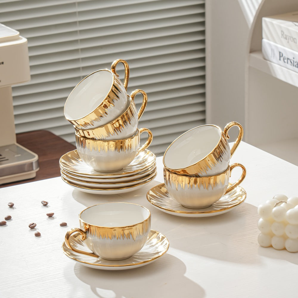 European Ceramic Coffee Cup and Saucer Set of 6 – Light Luxury 8.45oz Porcelain Tea Cups with Plates | Elegant Floral Dinnerware for Wedding