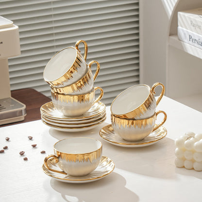 European Ceramic Coffee Cup and Saucer Set of 6 – Light Luxury 8.45oz Porcelain Tea Cups with Plates | Elegant Floral Dinnerware for Wedding