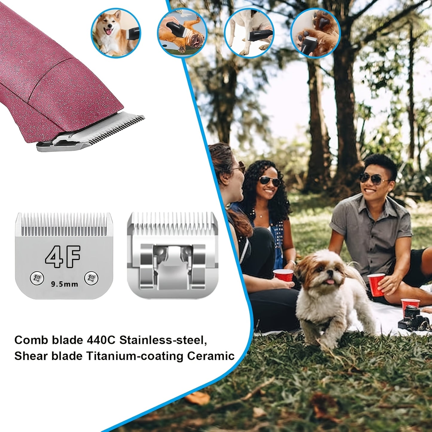 Dog Clipper Replacement Blades – Ceramic & Carbon Steel Detachable Blades in 5 Sizes (3F/4F/5F/7F/10#) | Compatible with Andis AG/AGC