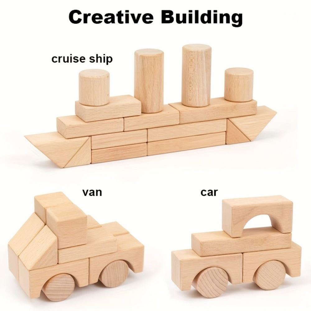 Natural Beech Wood Blocks 100 Piece Unpainted Solid Wooden Building Set, STEM Logical Thinking Toy for Kids Ages 3-12