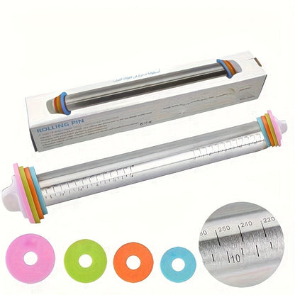 Stainless Steel Rolling Pin with Adjustable Thickness Rings Dough Roller for Baking Pizza Cookies Pastry 430 Grade Non-Stick Heavy Duty