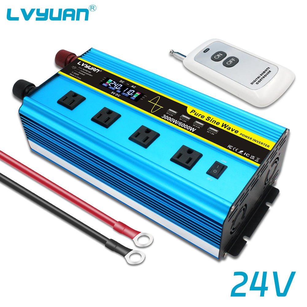 Blue 12V or 24V DC to 110V AC Power Inverter with LCD, Four AC Receptacles and Remote Presentation
