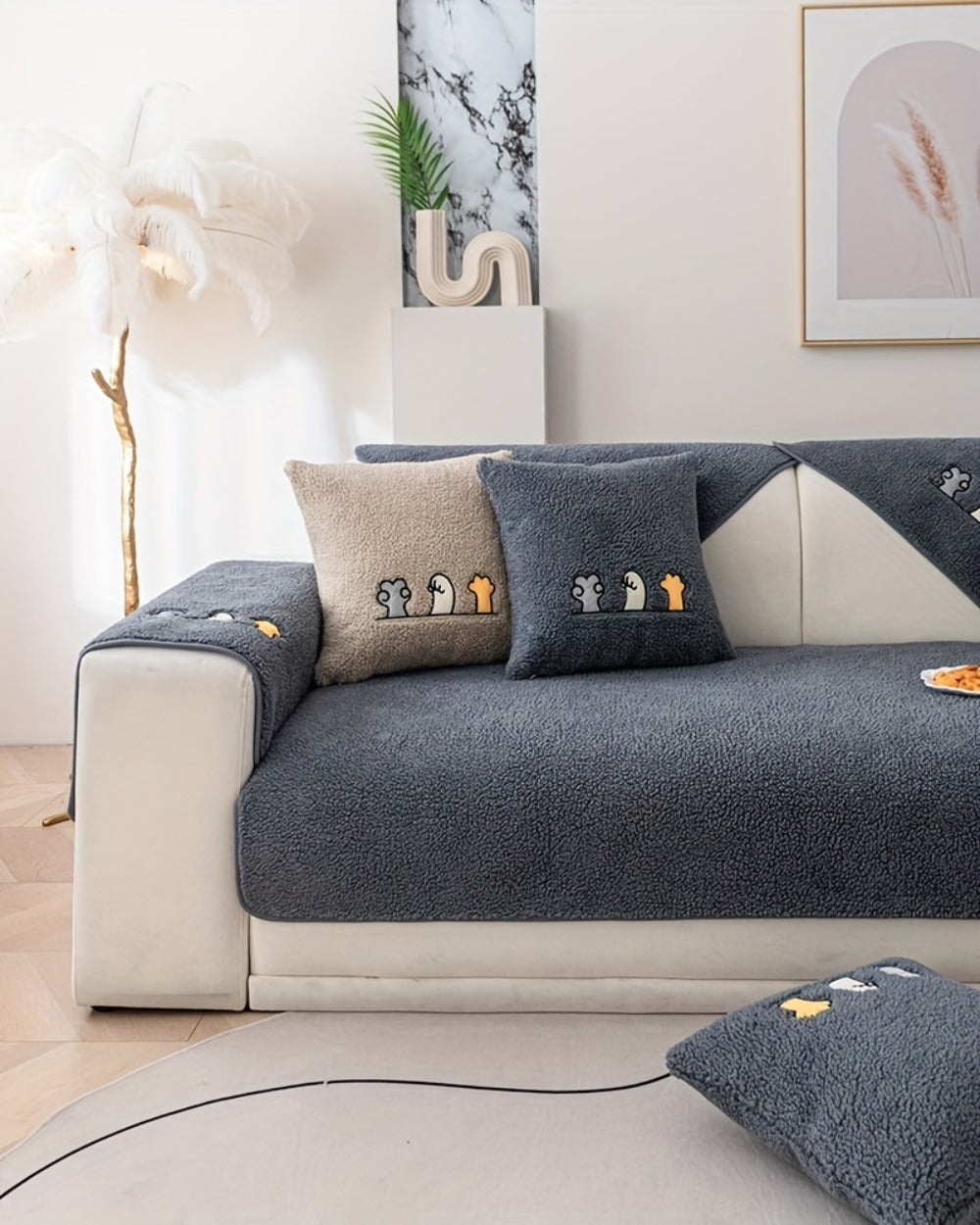 Sofa Cover Thick Plush Shearling Panels with Animal and Bone Embroidery and Backing Detail for 2 to 4 Seats