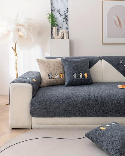 Sofa Cover Thick Plush Shearling Panels with Animal and Bone Embroidery and Backing Detail for 2 to 4 Seats