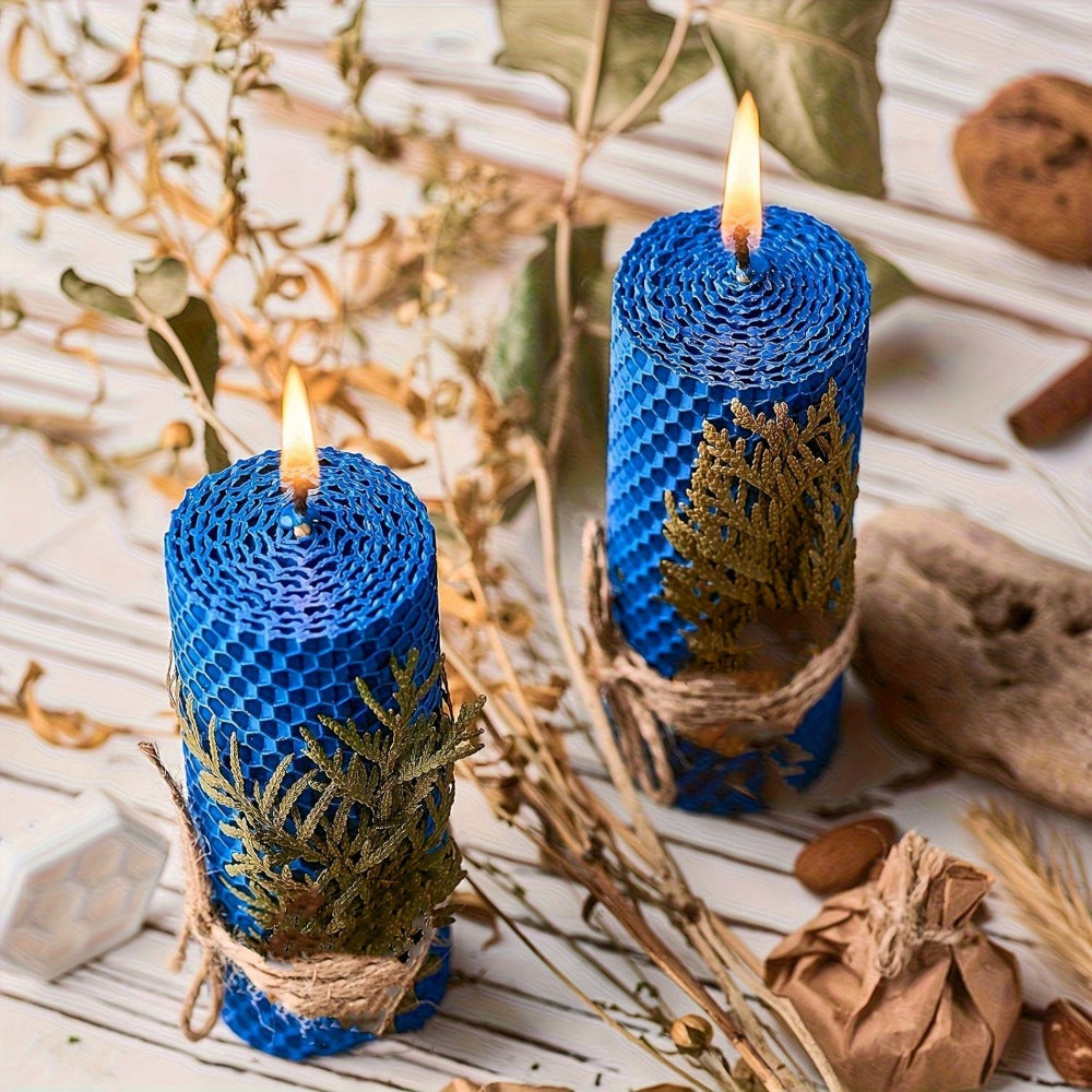Honeycomb Beeswax Pillar Candles, 10cm by 3.5cm in Yellow, Purple, Red or Blue with Single or Eight-Piece Options