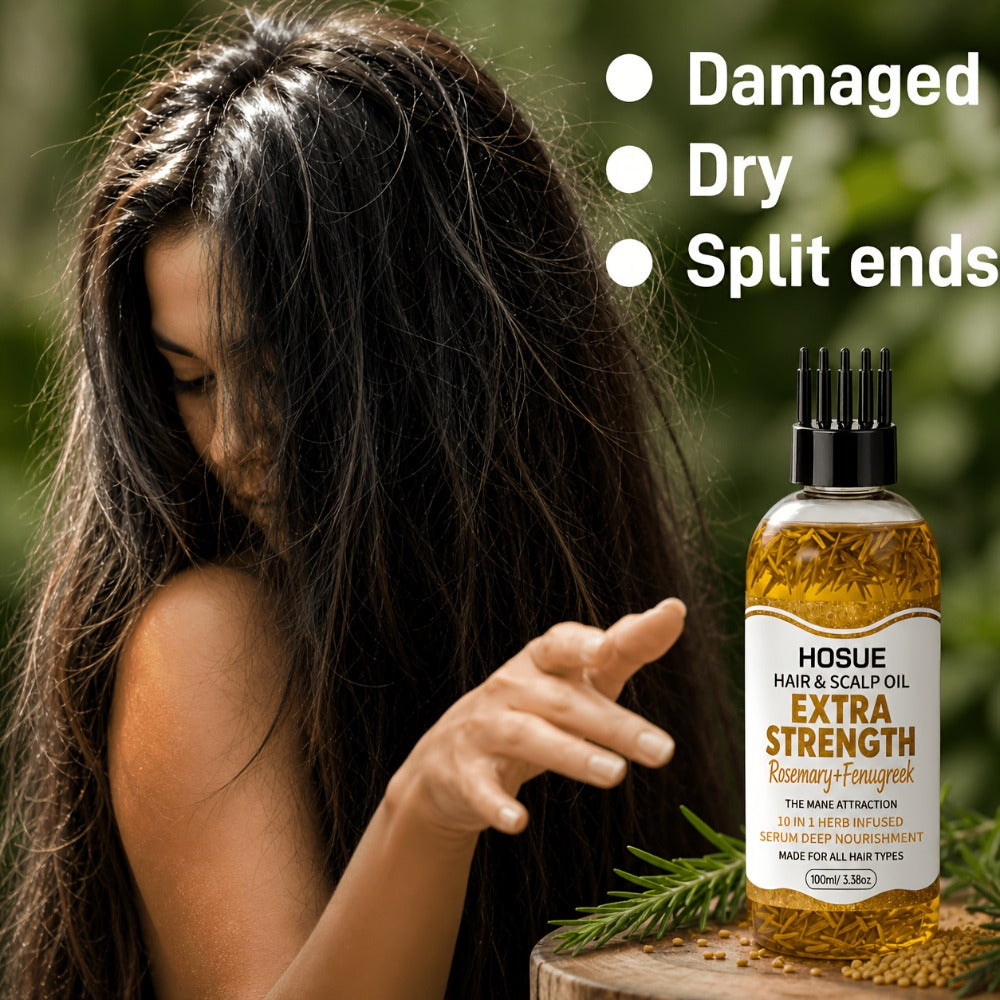 Rosemary and Fenugreek 10-in-1 Hair and Scalp Oil, 100ml Dropper Bottle with Ten Printed Botanical Oils