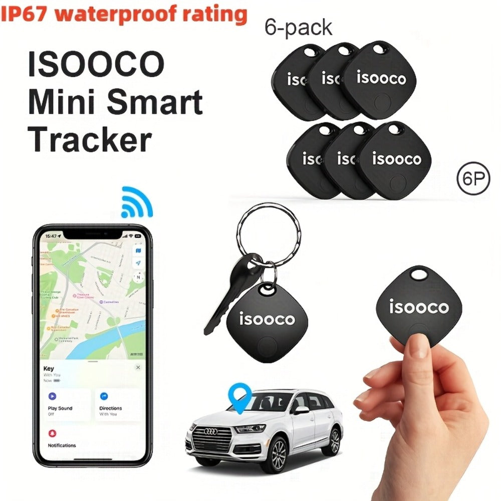 Black Mini Item Tracker Tags Six-Piece Set with Keyring Holes and One 6-Pack Checkout Pictured