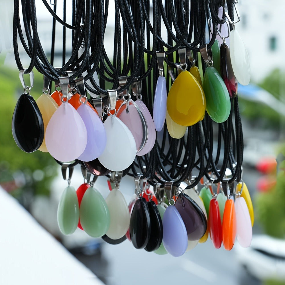 Crystal Pendant Necklace Set 40-Pack – Multicolor Water Droplet Artificial Crystal Pendants with Faux Leather Cord