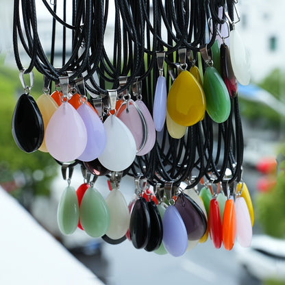 Crystal Pendant Necklace Set 40-Pack – Multicolor Water Droplet Artificial Crystal Pendants with Faux Leather Cord