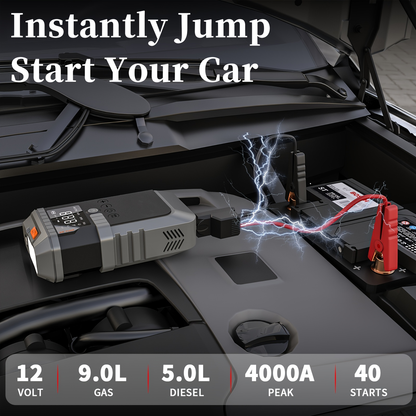 Jump Starter Power Bank 10000A 4-in-1 with 150 PSI Air Compressor LED Emergency Light USB Charging for Garden, Patio and Yard Use