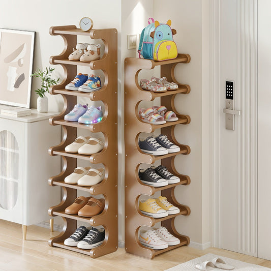 Natural-Color Seven-Layer Bamboo-Labeled Shoe Rack with Narrow Freestanding Corner Layout Design