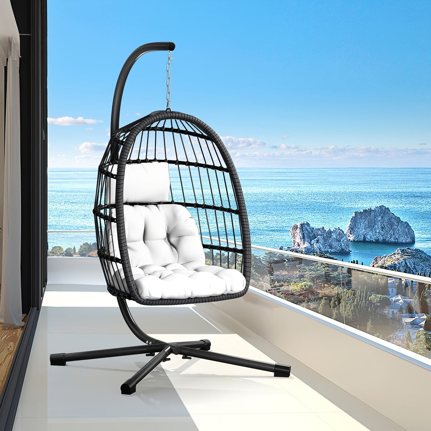 Outdoor Egg Chair with Stand Rattan Wicker Hanging Swing Hammock Chair Thickened Aluminum Frame UV-Resistant Cushion 350LBS Capacity Patio