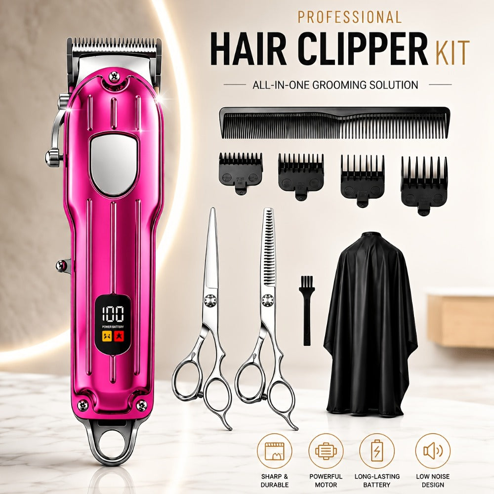 Barber Hair Clipper Kit for Men – USB Rechargeable Digital Size Adjustment, Complete Set with Scissors & 4 Limit Combs