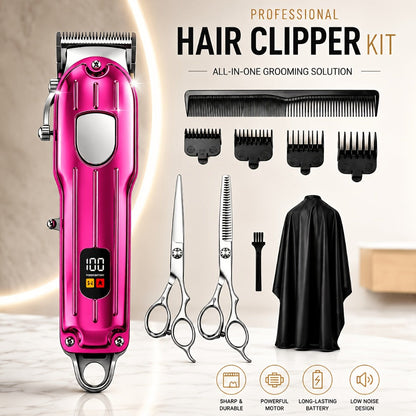 Barber Hair Clipper Kit for Men – USB Rechargeable Digital Size Adjustment, Complete Set with Scissors & 4 Limit Combs
