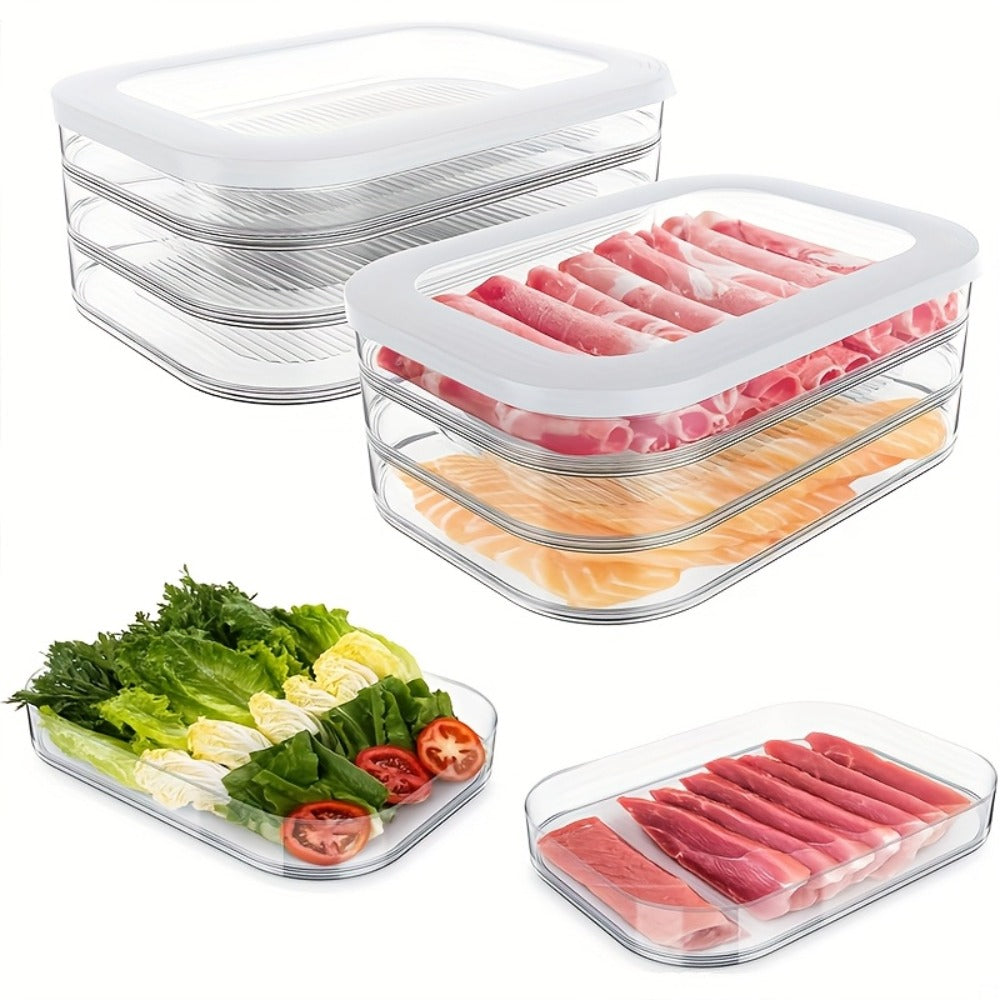 Food Storage Containers with Lids, Four-Tier Stainless Steel Refrigerator Tray Set with Clear Lids and Stacking Rims