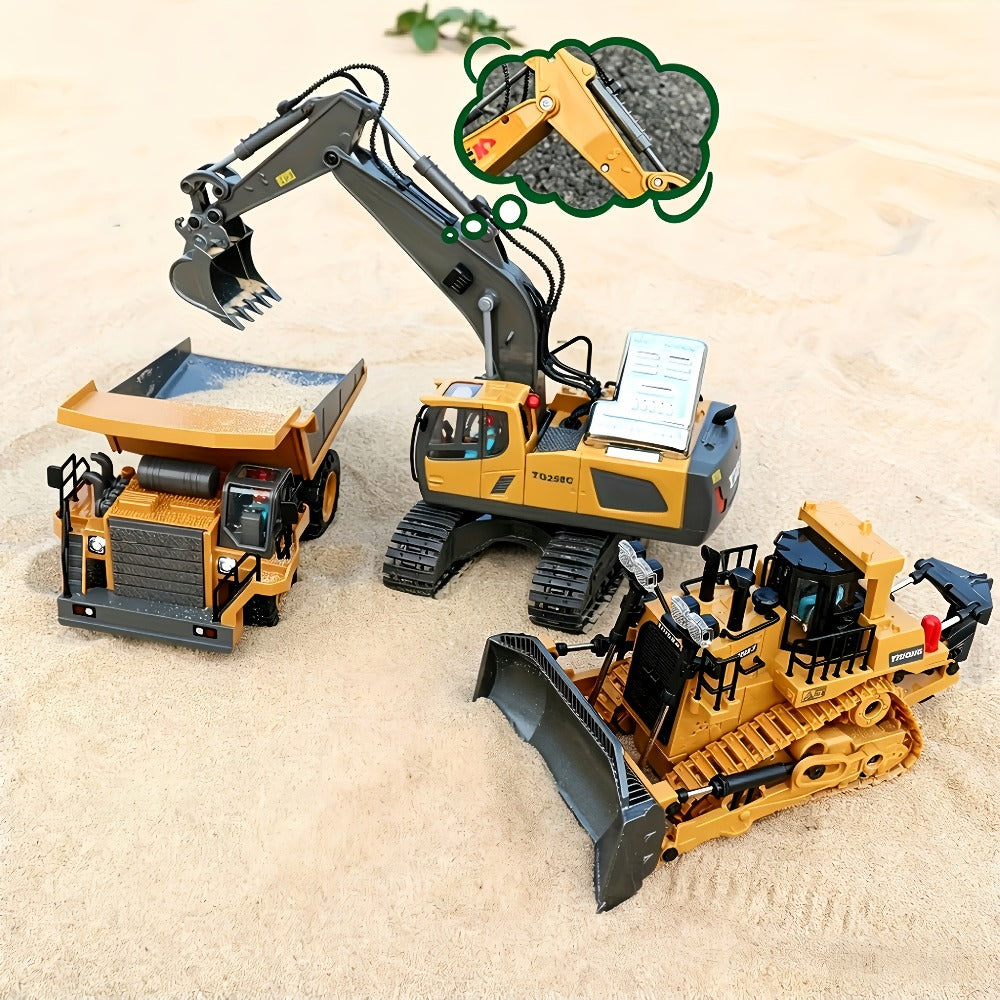 RC Construction Vehicle Set 2-in-1 & 3-in-1, 2.4G 11-Channel Remote Control Excavator Dump Truck Forklift Bulldozer