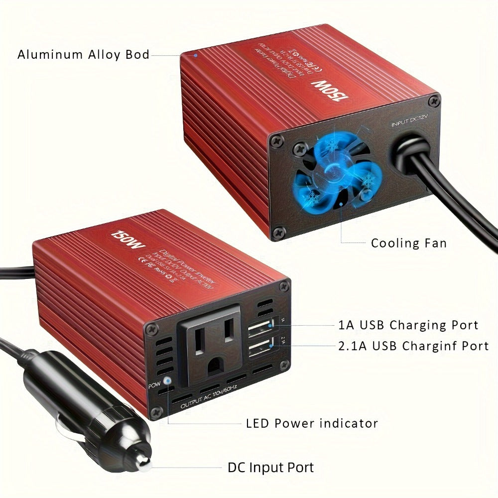 Red 150W Car Power Inverter with 12V DC Plug, 110V AC Outlet and Two USB-A Charging Ports for Vehicles