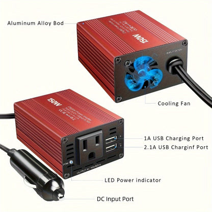Red 150W Car Power Inverter with 12V DC Plug, 110V AC Outlet and Two USB-A Charging Ports for Vehicles