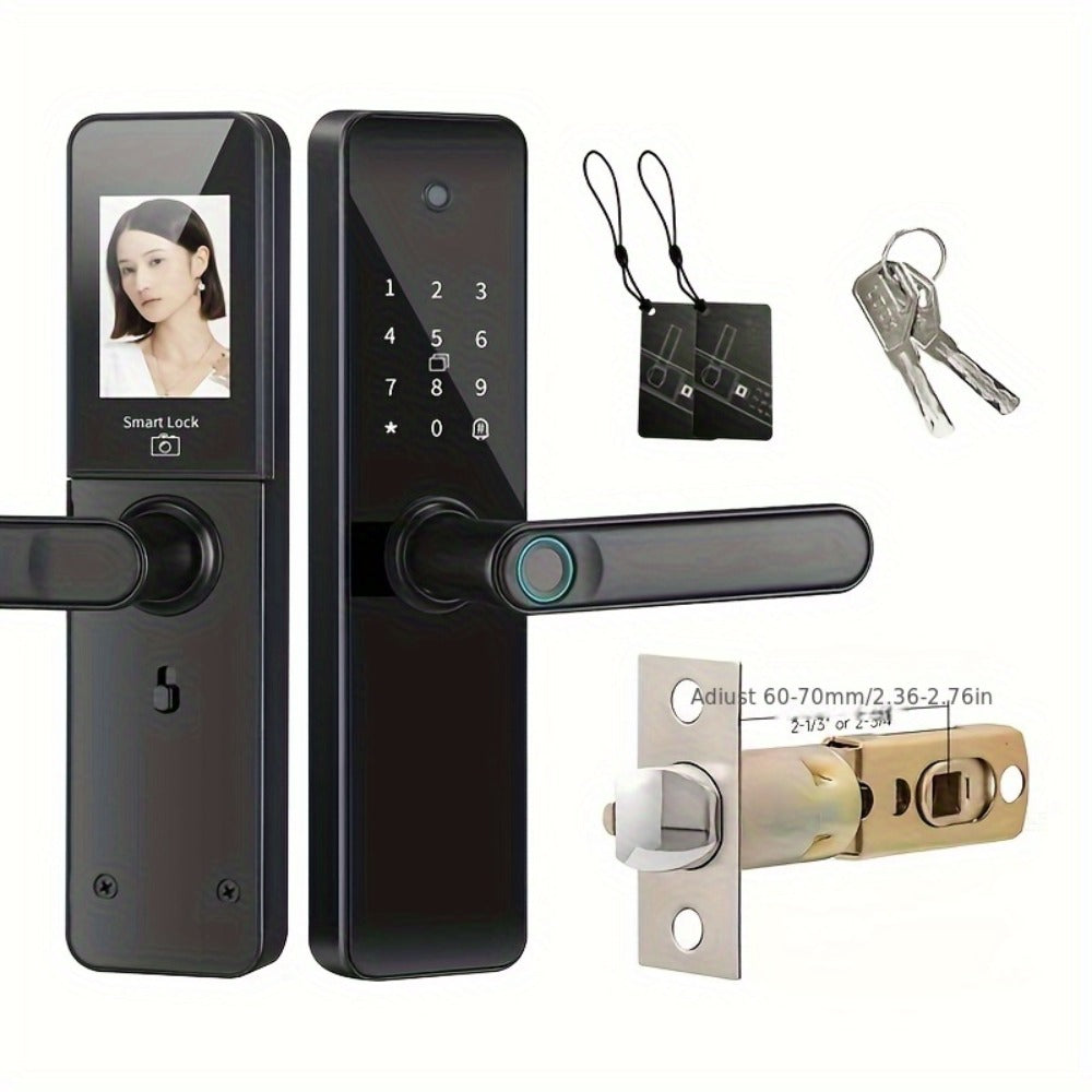 Smart Door Lock with Fingerprint Keypad Card App Access and Optional Camera Handle Models in Black