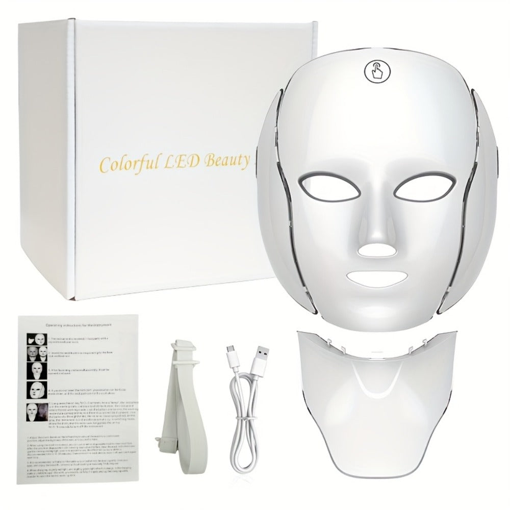 LED Light Therapy Facial Mask 7-Color USB Rechargeable, Face Neck Acne Rejuvenation Skincare Device