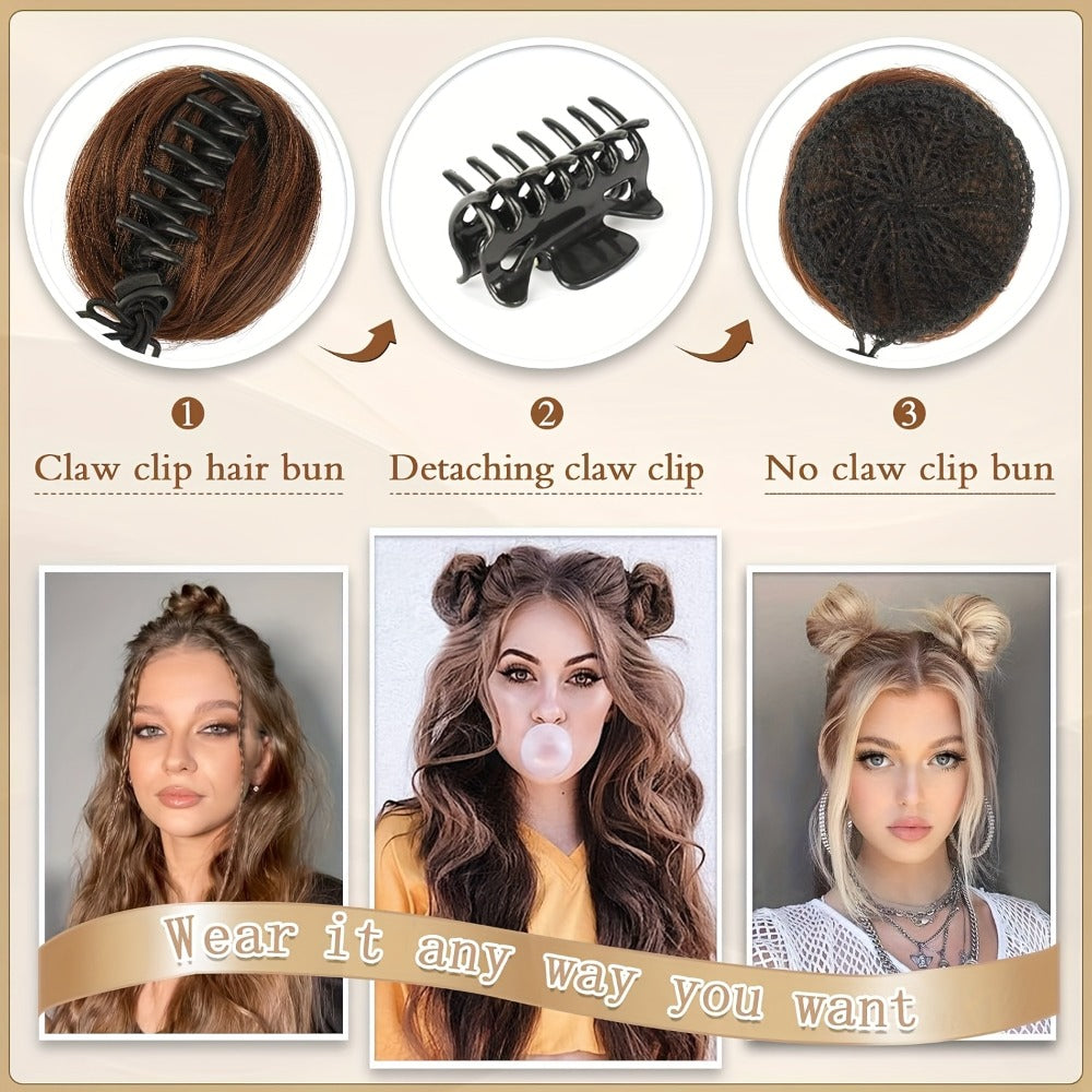 Mini Donut Bun Hairpiece with Cat Ears Claw Clip Messy Bun Synthetic Fiber Instant Updo – 2 Pcs Set for Women Girls All Hair Types Natural