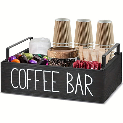 Wooden Coffee Bar Organizer with Farmhouse Sign and Rectangular Tray for Pods, Sugar, Creamer and Countertop Accessories