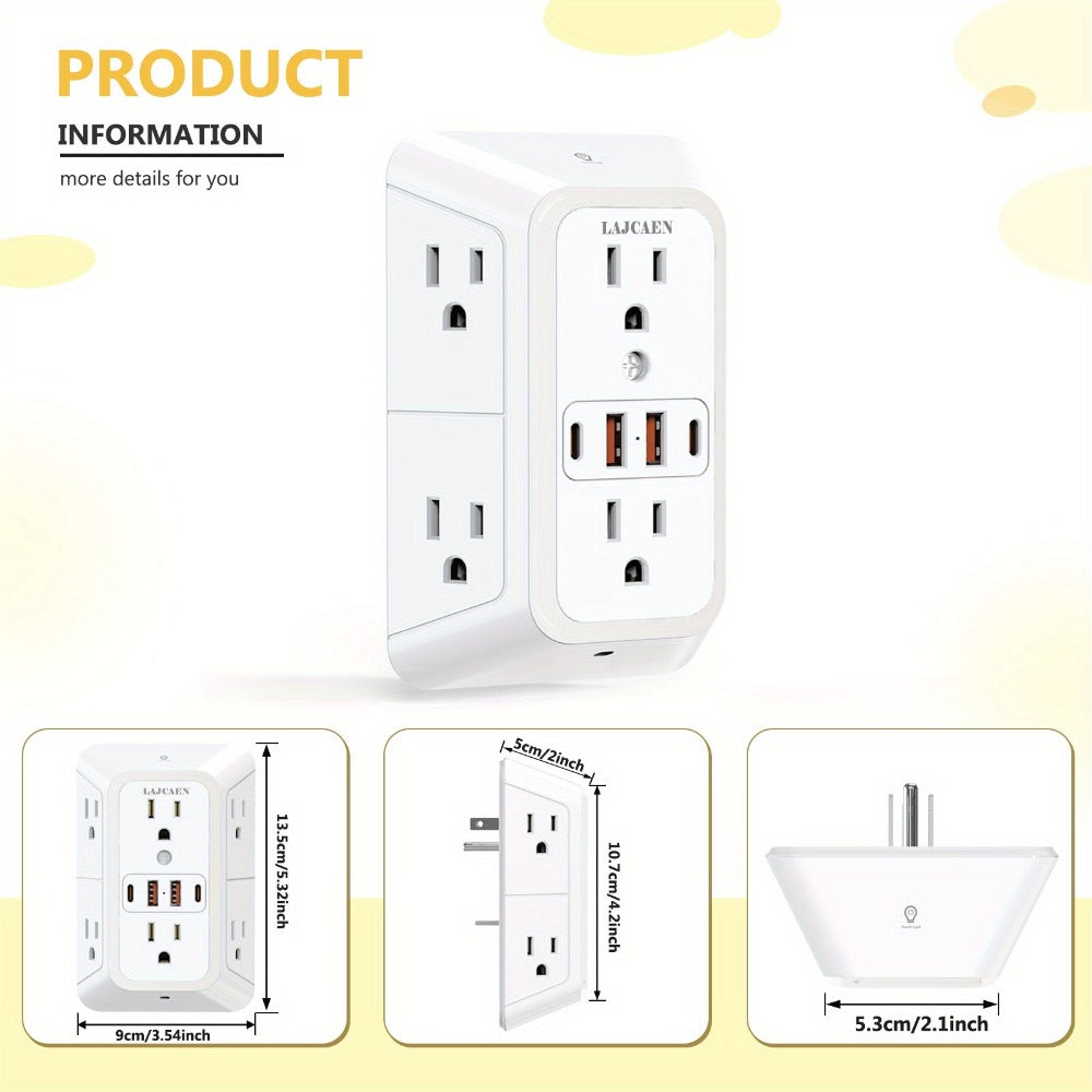 Outlet Splitter Wall Expander 10-in-1 with 6 AC Outlets 2 USB-A 2 USB-C Ports 3-Sided Plug for an Everyday Personal Care Routine