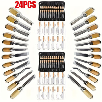 Wood Carving Chisel Set 12 & 24-Piece, Professional Beech Wood Handle Woodworking Chisels for Entryways, Bedrooms and Living Spaces