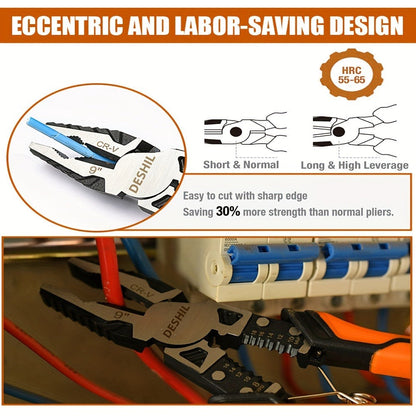 Pliers Set 9-in-1 Multi-Function Industrial Grade, 8.5" Lineman Pliers, 8.5" Long Nose Pliers, 8" Diagonal Side Cutters
