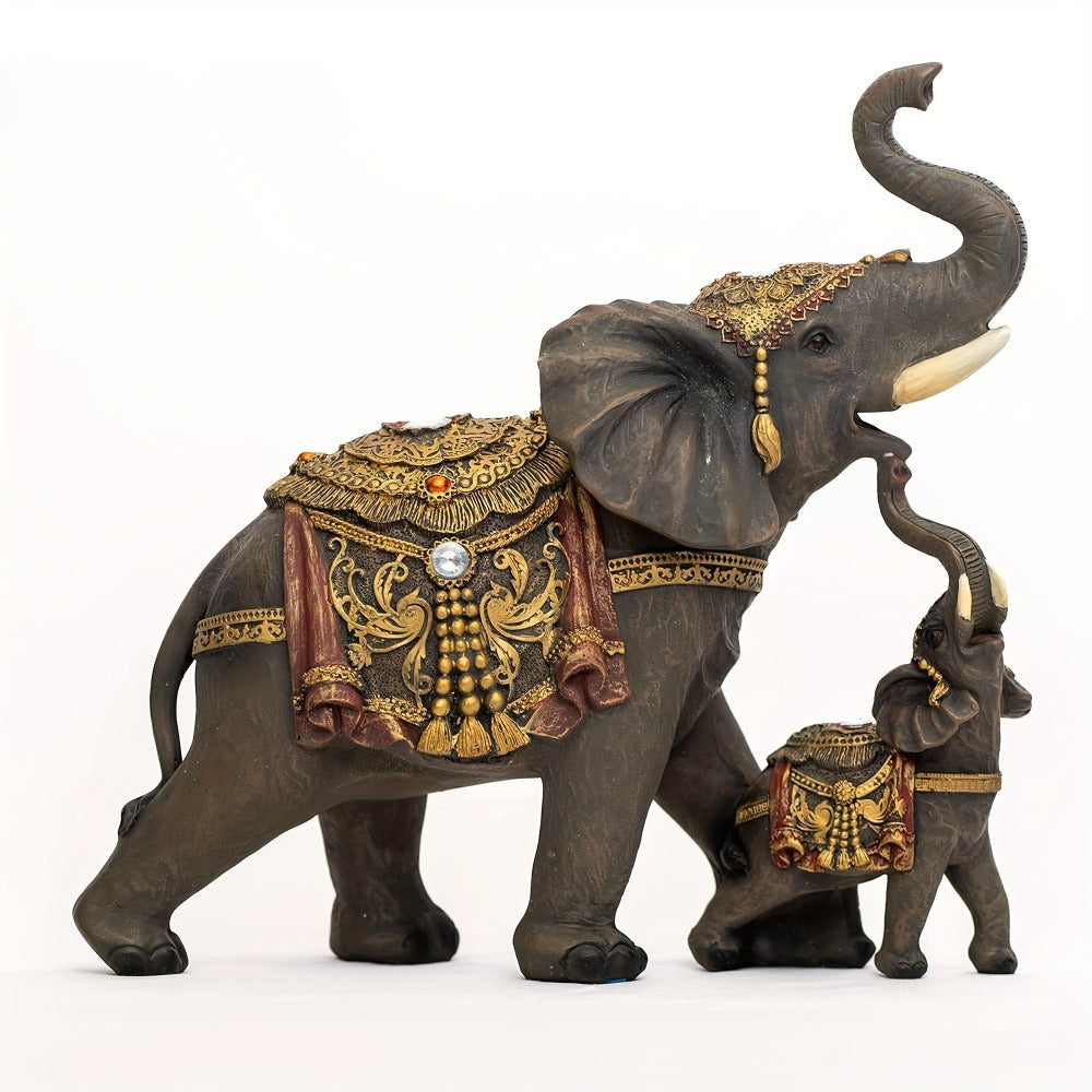 Elephant Statue Figurine for Home Decor – Mama & Baby Elephant Trunk Up Lucky Sculpture 12 Inch Polyresin Good Luck Ornament for Living Room